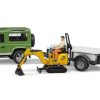 BRUDER 2593 Zelené AUTO LAND DEFENDER s přívěsem a JCB mikrobagrem